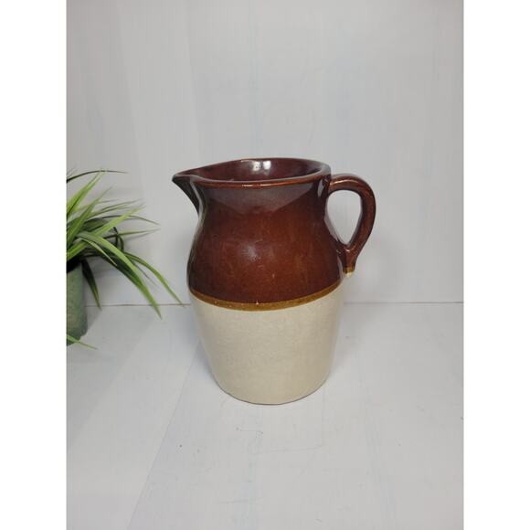 Vintage Large Pottery Stoneware Pitcher, Brown Beige Farmhouse Kitchen - Picture 1 of 6